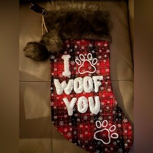 I Woof You Dog Christmas Stocking in red with white snowflakes and faux fur